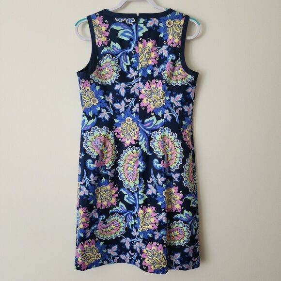Talbots Paisley Shift Dress Womens Sz 8 Navy Blue Colorful Sleeveless Split Neck - Picture 3 of 8